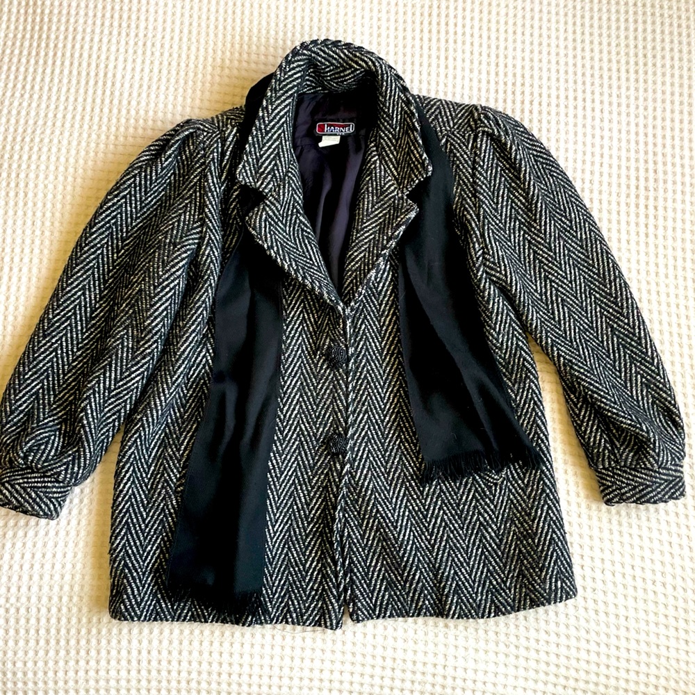 Sharnel vintage 1980s-90s herringbone jacket with attached scarf